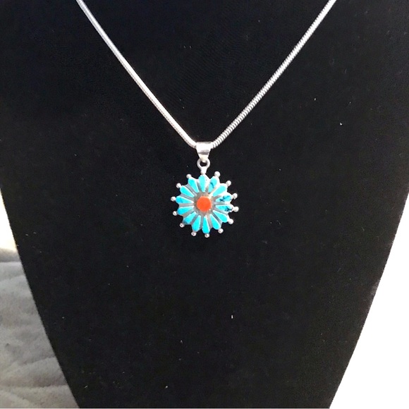 Vintage Zuni sterling silver, turquoise and red coral pendant. - Picture 3 of 6